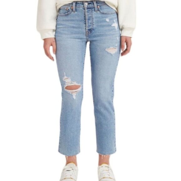 LEVI'S Women's Wedgie Straight Jeans Distressed Medium Indigo Hi Rise Size 31 - Picture 1 of 8